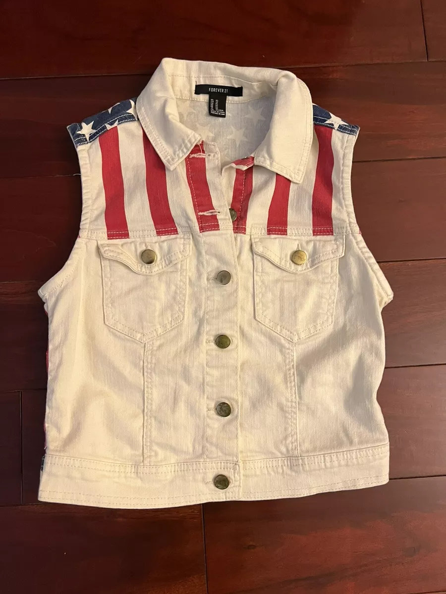 Forever 21 Denim White American Flag Stars Stripes Women s Vest Sz XS July 4th