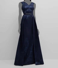 Rickie Freeman for Teri Jon Women Blue Metallic Jacquard Belt Gown Dress Size 10
