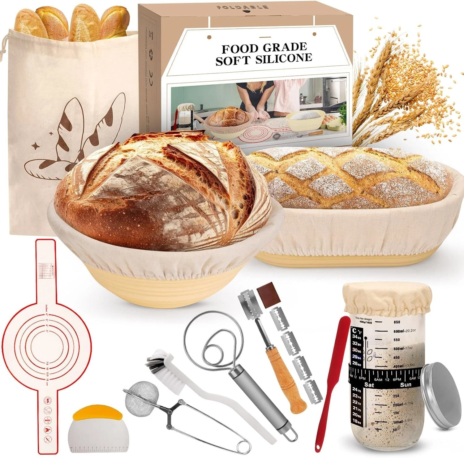 Sourdough Bread Baking Supplies Set, Silicone Banneton Proofing Basket, 16-Piece