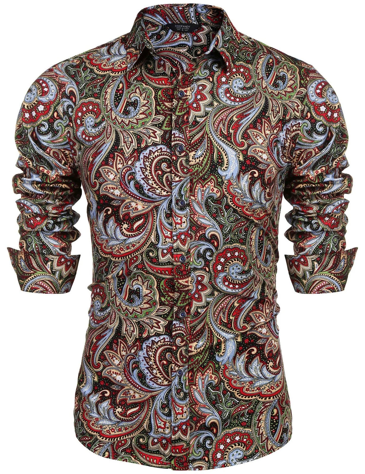 Men's Floral Print Button Down Casual Long Sleeve Hawaiian Shirt(Wine Red,XL)