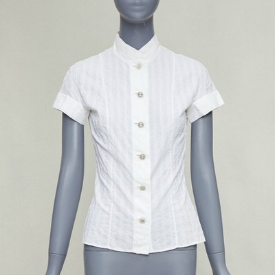 CHANEL 2016 cream cotton CC logo striped fitted shirt FR34 XS