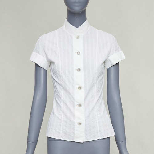 CHANEL 2016 cream cotton CC logo striped fitted shirt FR34 XS