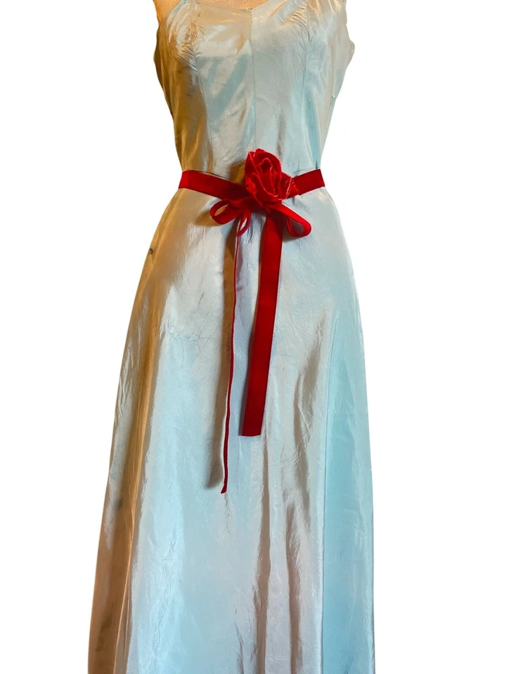 Vestido sin Mangas Vintage Años 40 Azul Pálido Rayón Faille Dobladillo Vieira Rojo Profundo Terciopelo Corbata Be Foto 2 de 4
