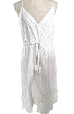 Loft White & Gold Striped Sleeveless Midi Dress With Tassel Tie Waist Size12