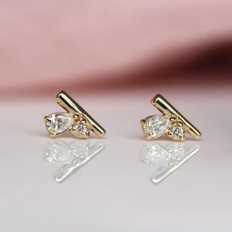 3TCW D/VVS1 Pear Cut Real Moissanite Women's Stud Earring 14k Yellow Gold Plated