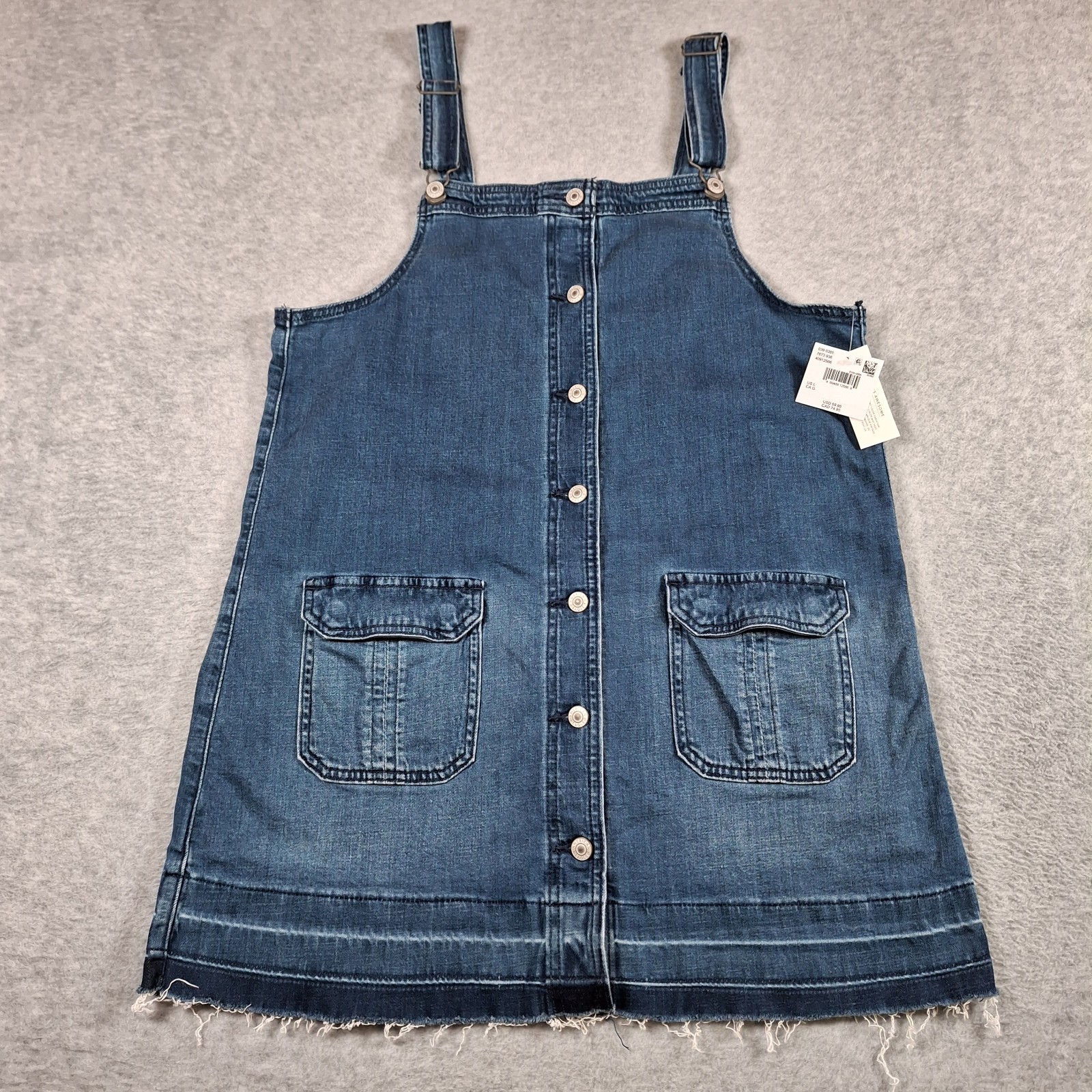 American Eagle Denim Dress Women Large Bib Jumper Button Up Raw Hem Pinafore