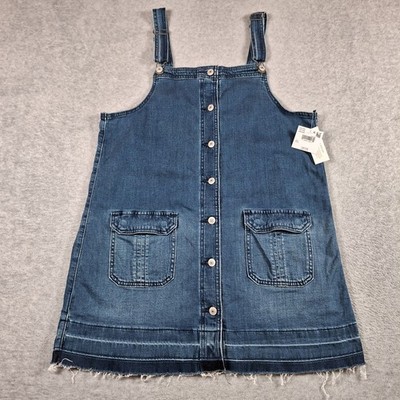 American Eagle Denim Dress Women Large Bib Jumper Button Up Raw Hem Pinafore