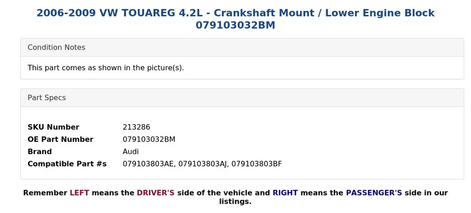 VW TOUAREG 2006-2009 4,2 L - Montaje del cigüeñal/bloque inferior del motor 079103032BM Foto 3 de 4