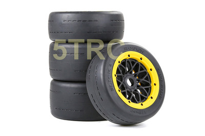 Rofun RC Slicks Ultimate Blacktop Racing Tires Set of 4 Black Wheels Yellow Bead