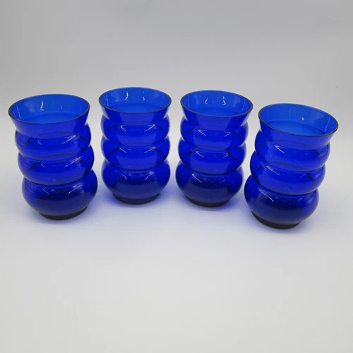 Vtg Set of 4 Louie Glass Cobalt Blue Beehive Bubble 8oz Tumblers 4 1/8" c1930s