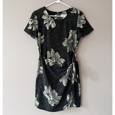 VTG 90's Westport Ltd Women's Grey Olive Green Floral Faux Wrap Dress Size 6