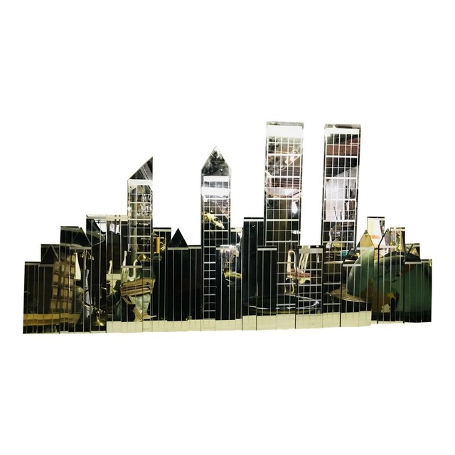 LARGE VINTAGE NEW YORK CITY SKYLINE MIRROR WALL SCULPTURE WITH WTC TWIN