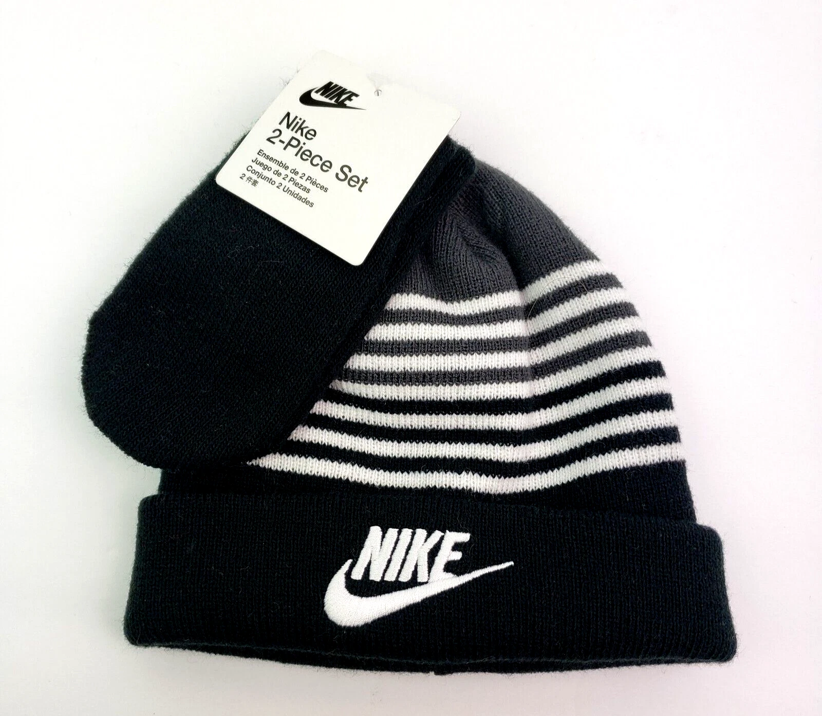 Nike Baby Size 12/24 Months Black Gray Striped Knit Hat Beanie Mittens 2 Pc Set