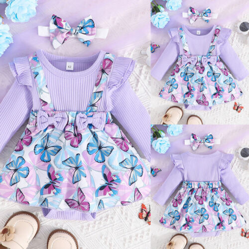 Newborn Baby Girls Floral Ruffle Ribbed Bodysuit Romper Dress Outfit Clothes Set