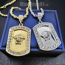 Iced Medusa Head Dog Tag Cubic Zirconia Pendant & 24" Rope Chain Bling Necklace