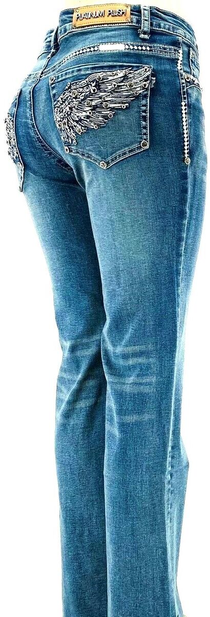 PLATINUM PLUSH LADIES ANGEL WINGS RHINESTONE DENIM BOOT CUT PLATINUM PLUSH LADIES ANGEL WINGS RHINESTONE DENIM BOOT CUT