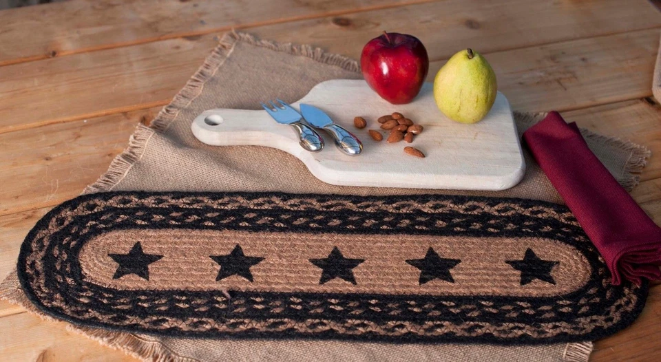 Corredor de mesa trenzado de granja yute ovalado 8" x 24" carbón + estrellas marrones país Foto 2 de 4