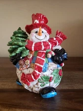 Home Interiors 'Patches the Snowman' Large Ceramic Cookie Jar Christmas - 11.25"