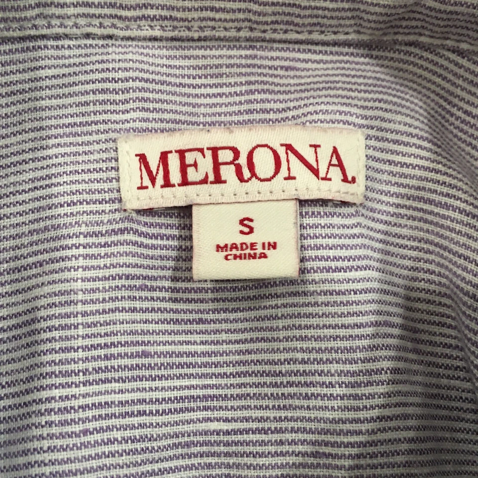 Merona Men S Button Shirt Purple 100% Linen Button Up Shirt Sleeve Stripe Preppy - Image 4 of 4