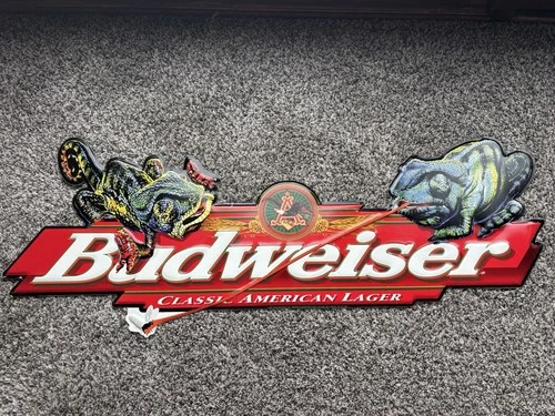 VTG 1997 Rare Budweiser Beer Frank & Louie Chameleon Lizards Tin Sign Length 32”