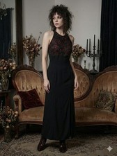 Vintage 90s Tadashi Shoji Black Gown Halter Neck Red Lining Slit Whimsigoth 8