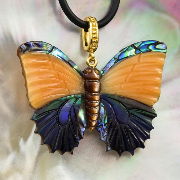 Alternate view of Carved Multicolor Shell Butterfly Pendant Gold Vermeil Sterling Silver 7.34g