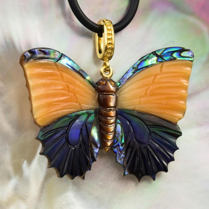 Carved Multicolor Shell Butterfly Pendant Gold Vermeil Sterling Silver 7.34g - Product main view
