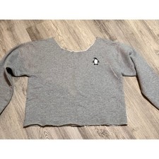 Womens Grey Penguin Graphic Crop Sweatshirt Distressed Raw Hem
