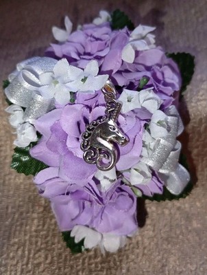 NEW 4'' Long Artificial Lavender Rose Wrist Corsage With Sparkly Silver Bow