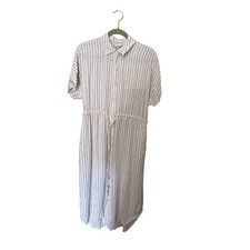 Linen Blend Striped Button-Down Shirt Dress S Pockets Beacho Boho Vacation