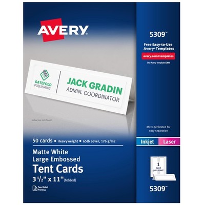 Avery Printable Tent Cards 3.5x11'' White with Border 50 Count (5309)