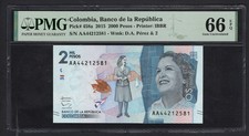 Colombia 2000 Pesos 2015 P458a Uncirculated Grade 66