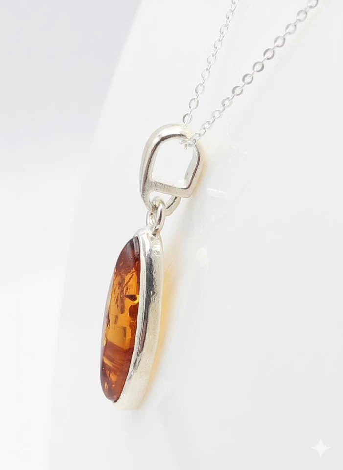 Pendente In Ambra 925 Argento Sterling Collana Collier Ambra Del Baltico - Immagine 4 di 4