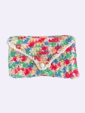 Handmade Crochet Wallet Pouch Coin Purse Multicolor Yarn Button Closure 8x4