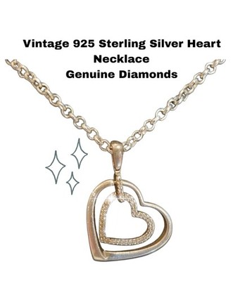 GENUINE DIAMOND DOUBLE HEART NECKLACE Vintage EXCELLENT. Signed 