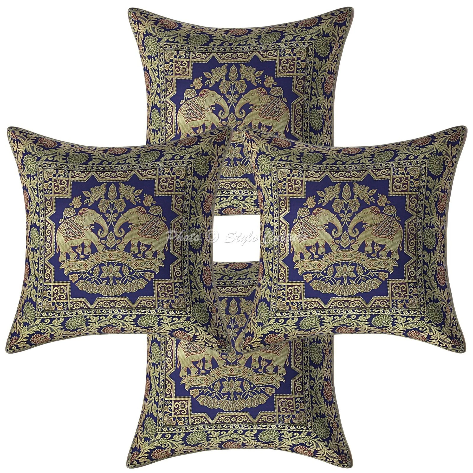 Bohemian Brocade Throw Pillow Covers Jacquard Elephant Navy Blue Cushion Cover