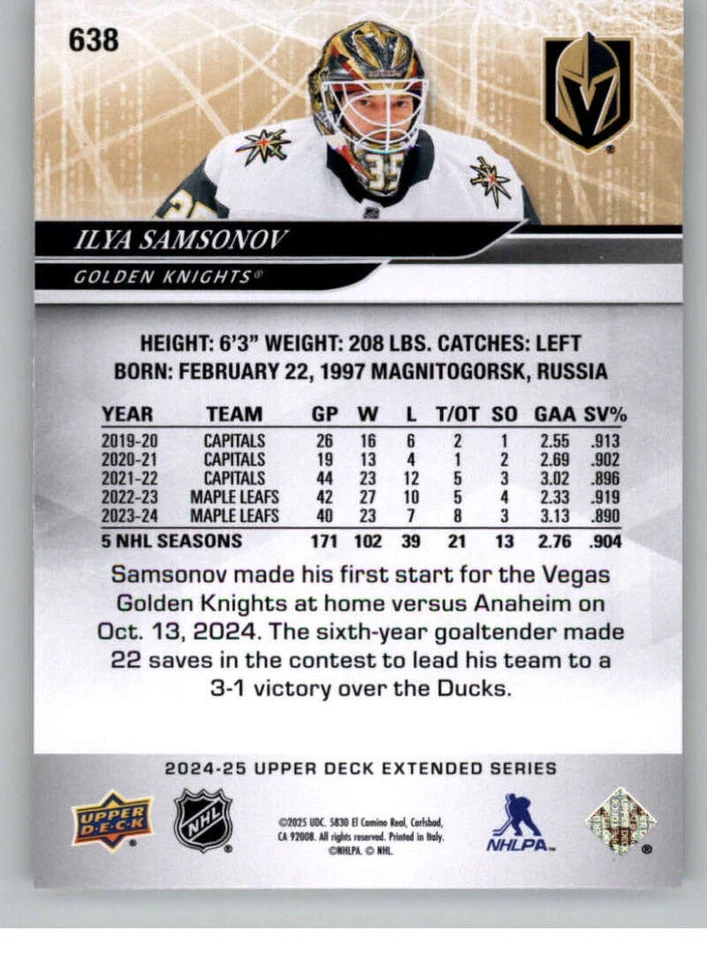 Ilya Samsonov 2024-25 Upper Deck Extended #638 NHL Golden Knights ID:139810 - Image 2 of 2