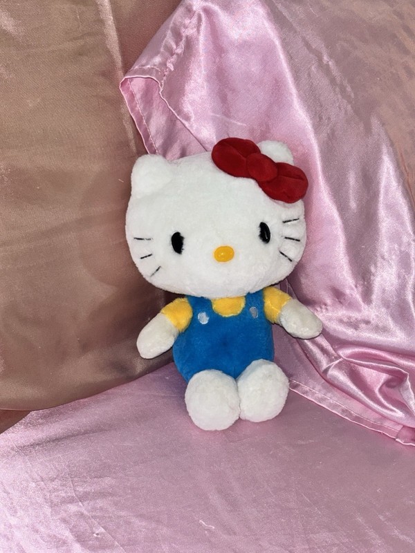Sanrio Hello Kitty Plush Stuffed Animal Blue Outfit Red Bow Label
