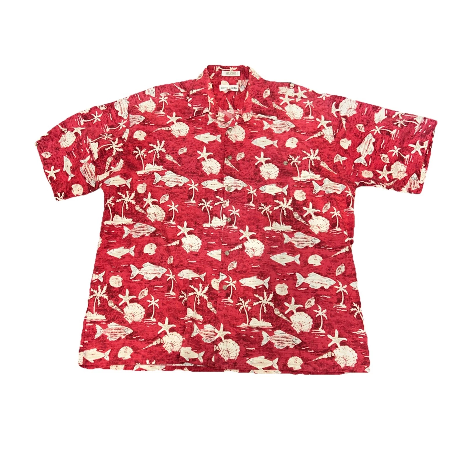 Vintage Hawaiian tropical, aquatic Red Button Up Short Sleeve Pierre Cardin