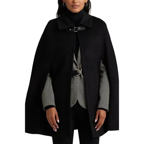 New Women's Lauren Ralph Lauren Wool Blend Buckle Cape in Black Size XS - Imagen 2 de 7