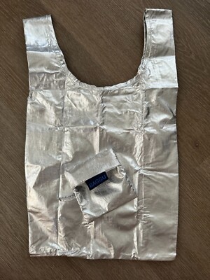 BAGGU Shiny Metallic Silver Baby Baggu Reuseable Bag Used HTF Rare