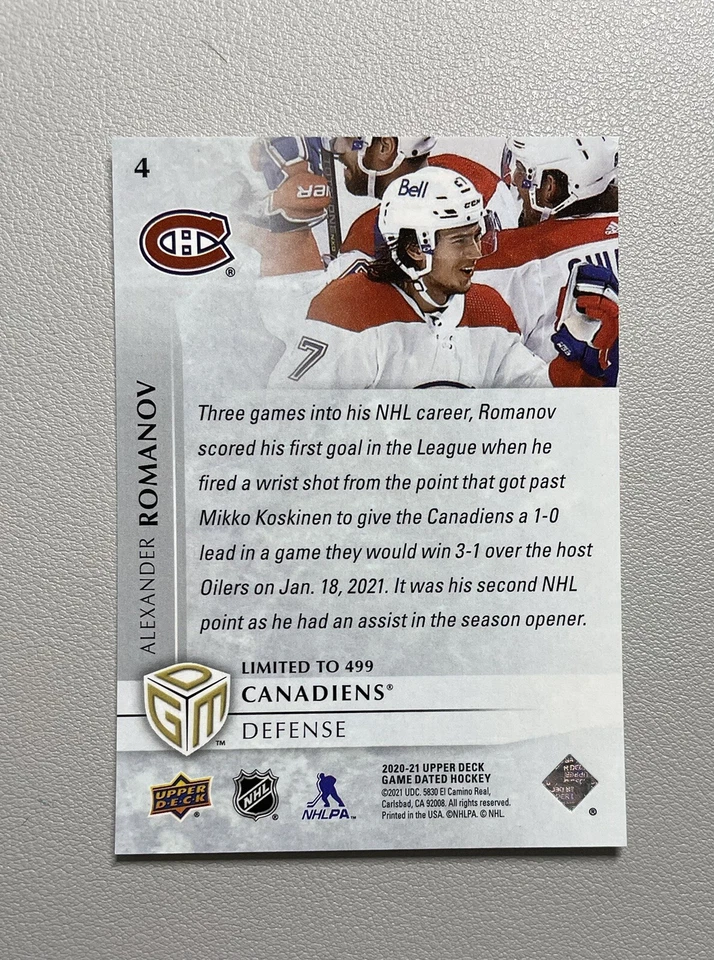 2020-21 Upper Deck Game Dated Moments January /499 Alexander Romanov #4 Rookie - Image 2 of 2