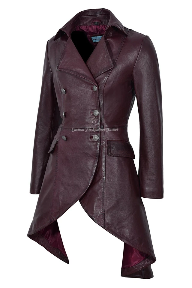 EDWARDIAN Ladies Leather Coat Cherry Napa Long Back Victorian Gothic Coat 3491-P - Image 2 of 4