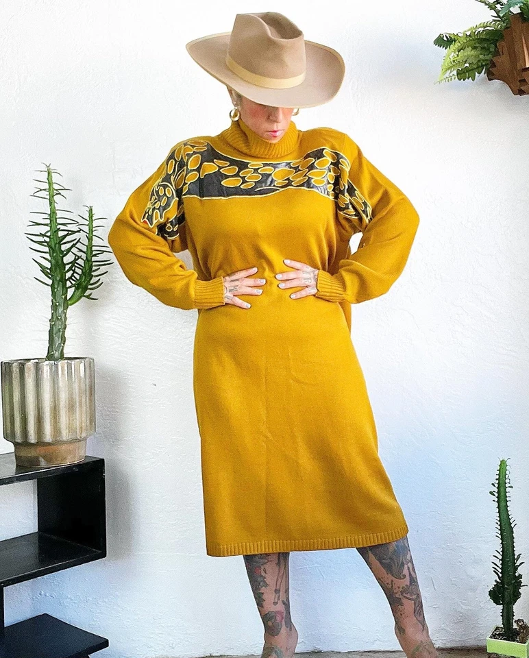 VANNA WHITE R&K Originals 80’s 80s Vintage Leopard Turtleneck Sweater Dress L Xl - Image 3 of 4