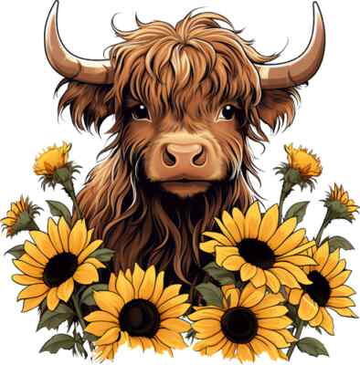 HighLand Kuh mit Sonnenblume bunte Schlafzimmer Wand Vinyl Aufkleber Abziehbilder j232