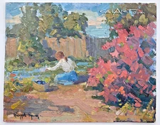Vintage LADY IN GARDEN Painting Listed CaLiFoRnia Impressionist