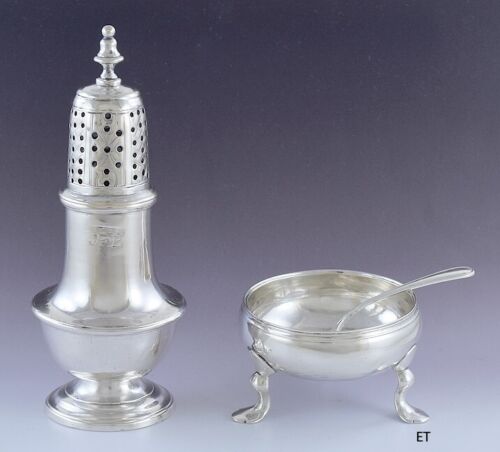 c1760s American Colonial Silver Open Salt Cellar & Pepper Shaker by John Coburn - Imagen 1 de 7