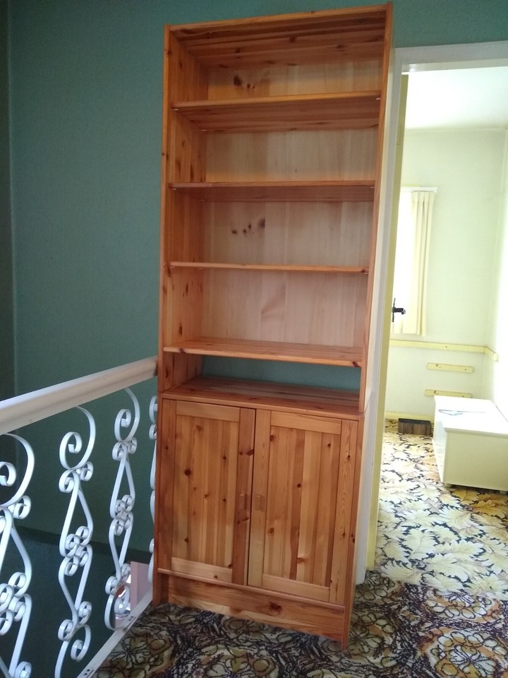 Pine IKEA bookcase with cupboards, matching flatpack drawers also