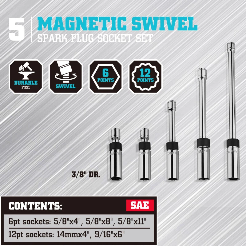 DURATECH 5PIECE Magnetic Swivel Spark Plug Socket Set 5/8" 9/16" Socket 6PT 12PT - Image 3 of 4