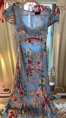 #ad #ad VICI Women#x27;s Blue Floral Square Neck Lace Cut Out Long Maxi Dress Size S $30.00